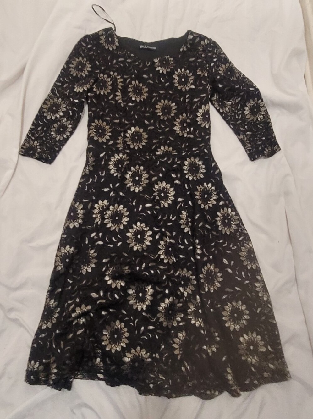 Black Floral Lace Fit-and-Flare Dress in Black and Gold
